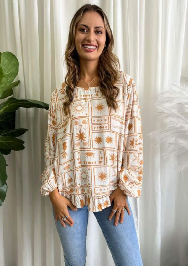 Maryse Long Sleeve Blouse Top in White Print