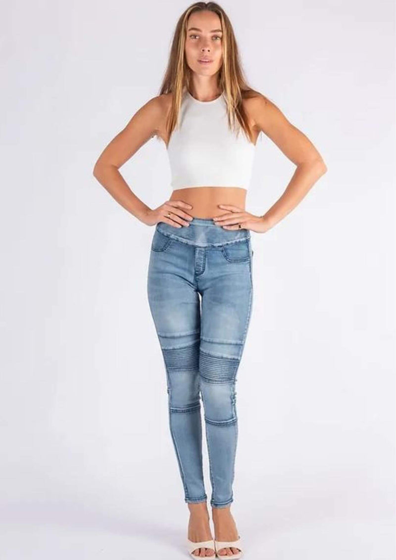 Wakee High Waist Pull On Jeans in Acid Wash Blue by Wakee