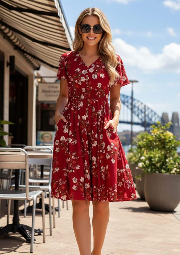Abbey Short Sleeve Knee Length Dress in Cherry