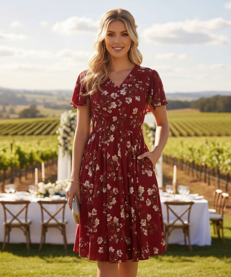 Abbey Short Sleeve Knee Length Dress in Cherry