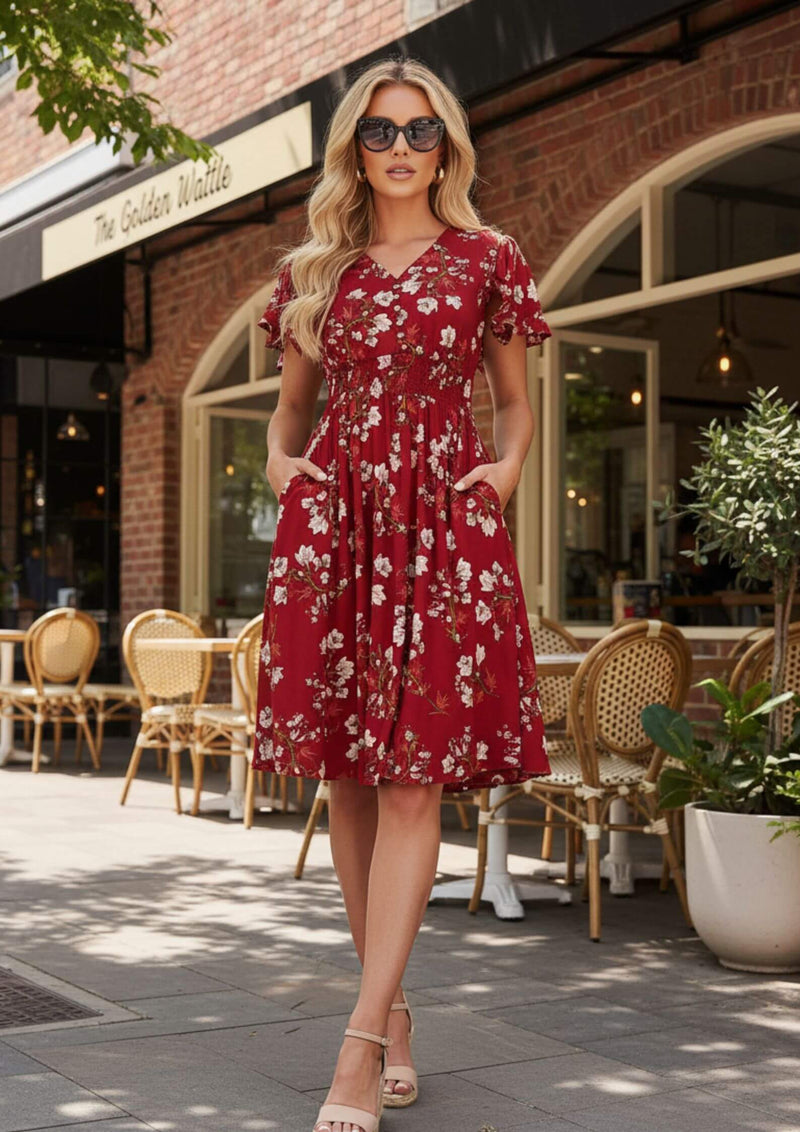 Abbey Short Sleeve Knee Length Dress in Cherry