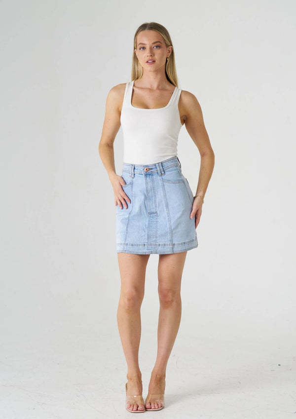 A line Stretch Denim Skirt in Light Blue by Wakee