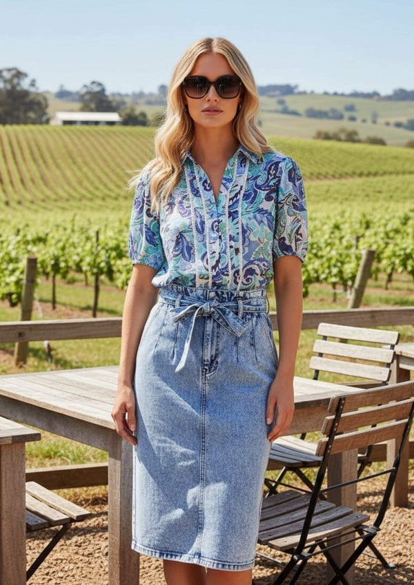 Alinna Blouse Top in Blues Swirl Print