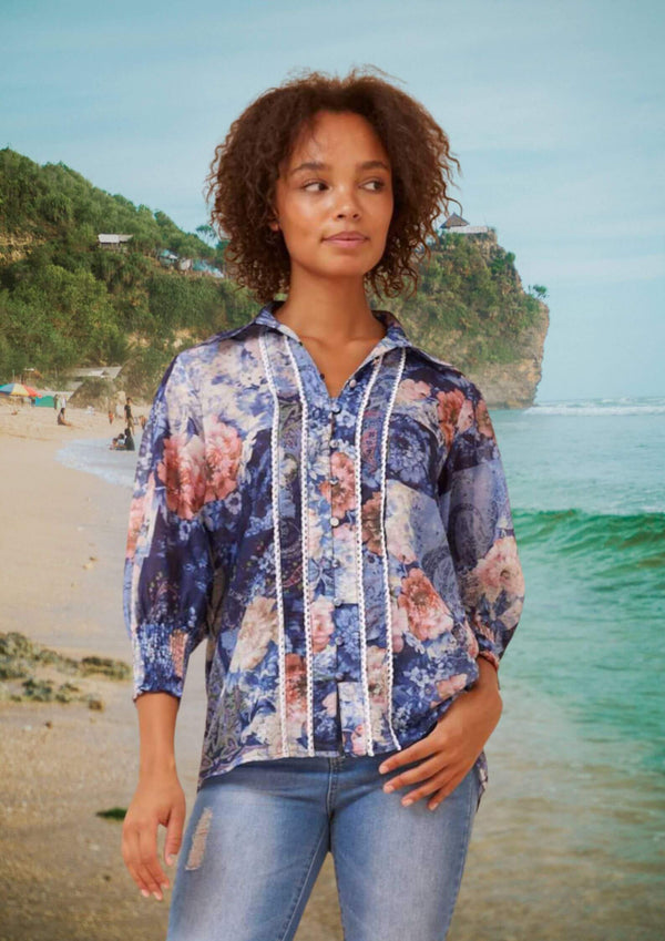Allura Blouse Top Floral Block Print in Navy Rose
