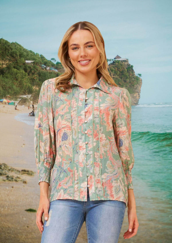Allura Blouse Top Floral Block Print in Sage and Peach