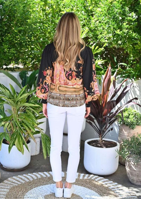 Allura Long Sleeve Blouse Top in Black Floral Print