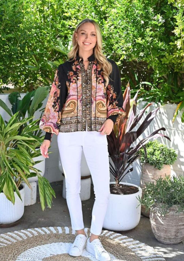 Allura Long Sleeve Blouse Top in Black Floral Print