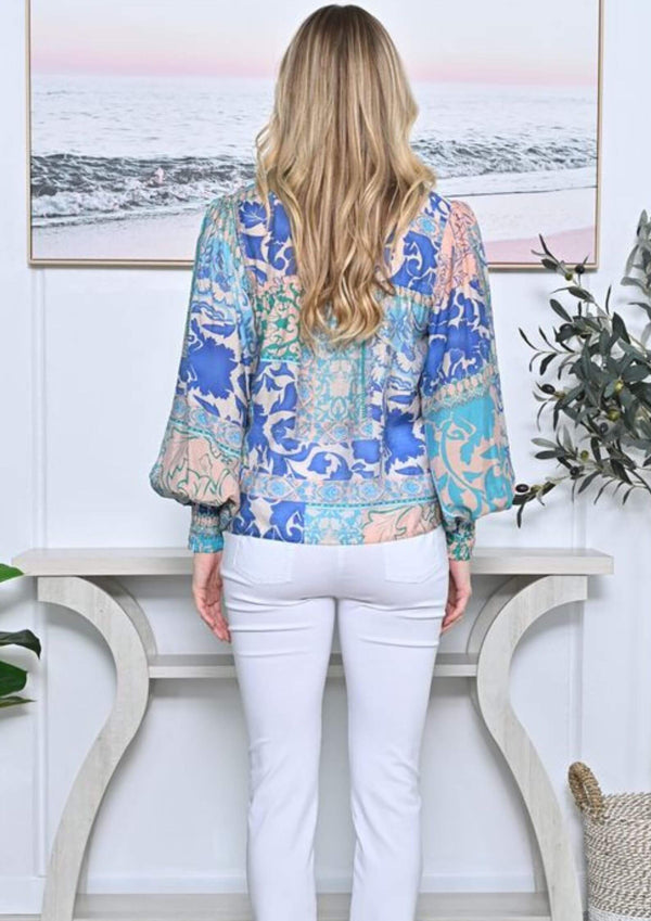 Allyra Long Sleeve Blouse Top Block Floral Print in Aquamarine