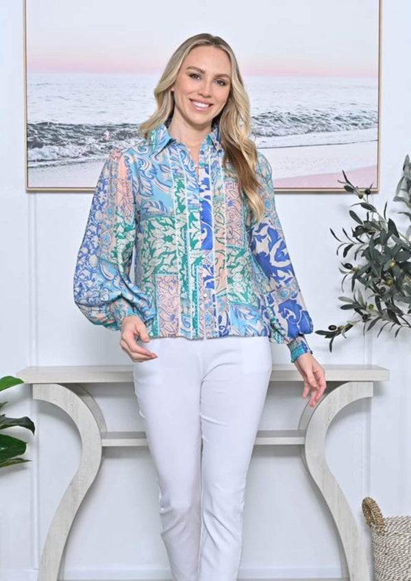 Allyra Long Sleeve Blouse Top Block Floral Print in Aquamarine