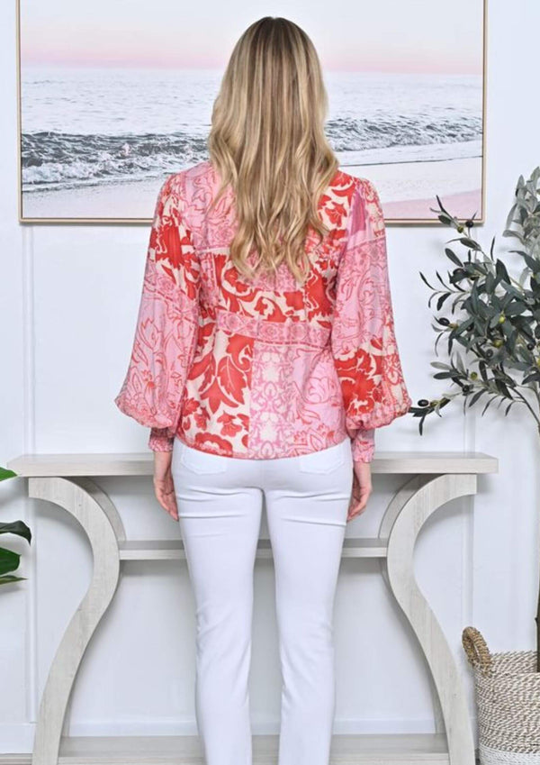 Allyra Long Sleeve Blouse Top Block Floral Print in Ruby