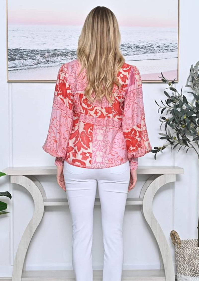 Allyra Long Sleeve Blouse Top Block Floral Print in Ruby