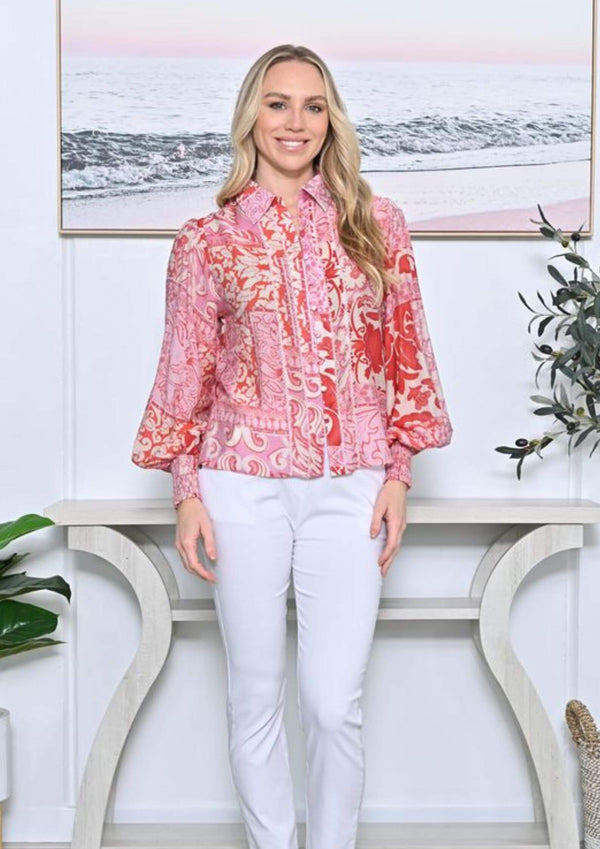 Allyra Long Sleeve Blouse Top Block Floral Print in Ruby