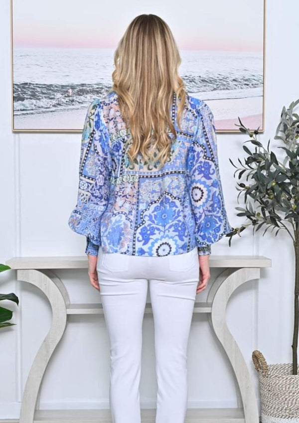 Allyra Long Sleeve Blouse Top Block Floral Print in Sapphire