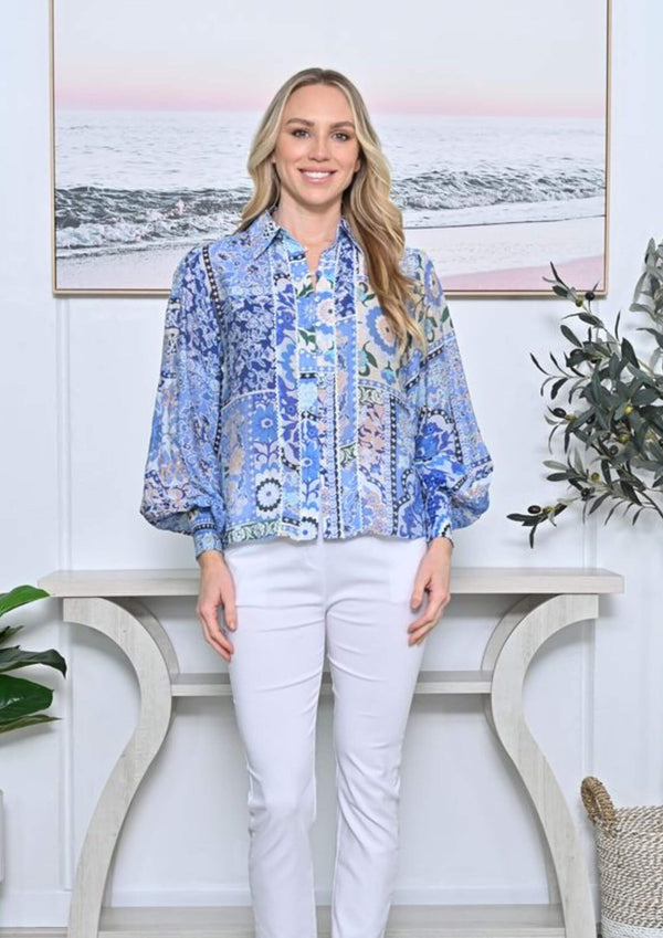 Allyra Long Sleeve Blouse Top Block Floral Print in Sapphire