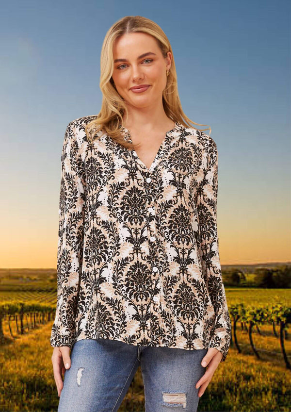 Amari Long Sleeve Blouse Top in Black White Scroll Print