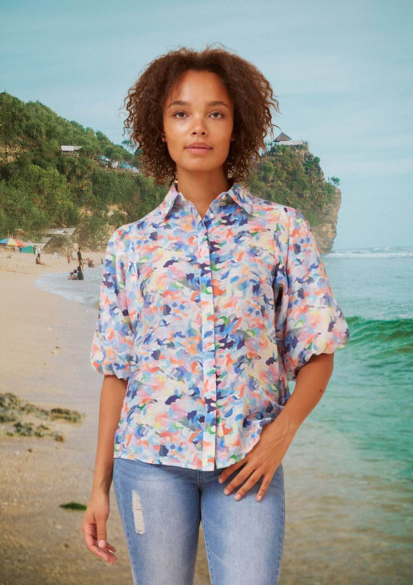 Amberlyn Half Sleeve Top Blouse in Watercolour Blues Print