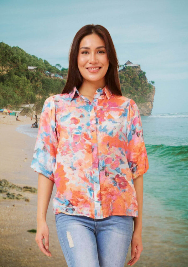 Amberlyn Half Sleeve Top Blouse in Watercolour Print