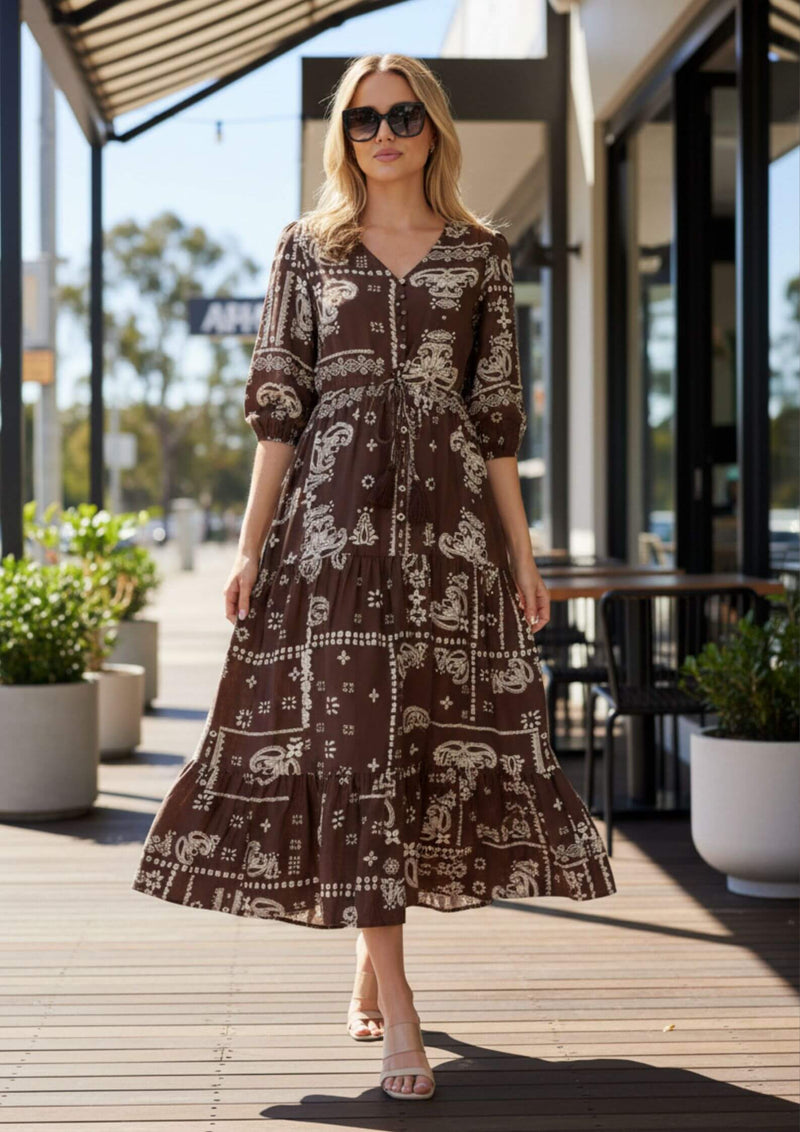 amelia floral midi dress Amelia Half Sleeve Midi Dress in Chocolate Print – Frangipani Living
