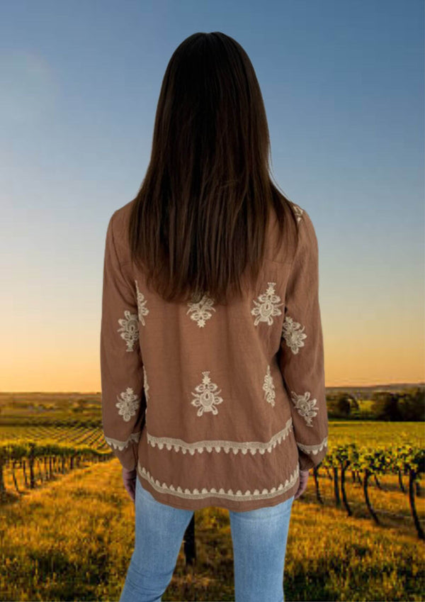 Amelia Long Sleeve Embroidered Blouse in Biscuit