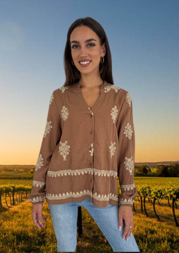 Amelia Long Sleeve Embroidered Blouse in Biscuit