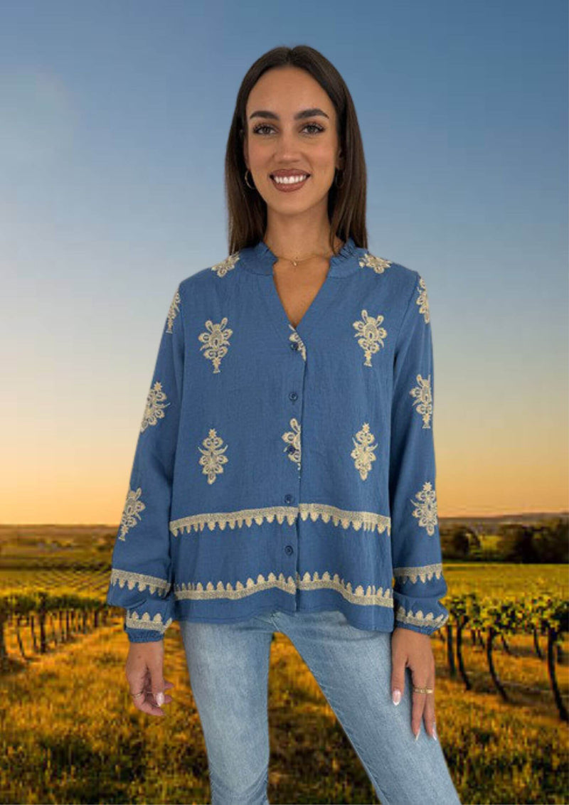 Amelia Long Sleeve Embroidered Blouse in Dusty Blue