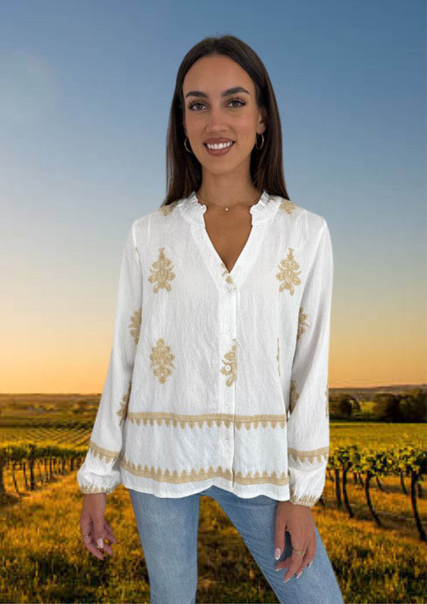 Amelia Long Sleeve Embroidered Blouse in Ivory
