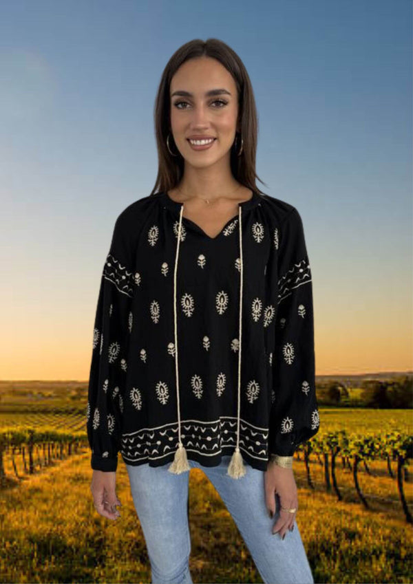 Amie Long Sleeve Embroidered Blouse in Black