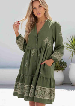 Andie Long Sleeve Smock Dress in Olive  Frangipani Living