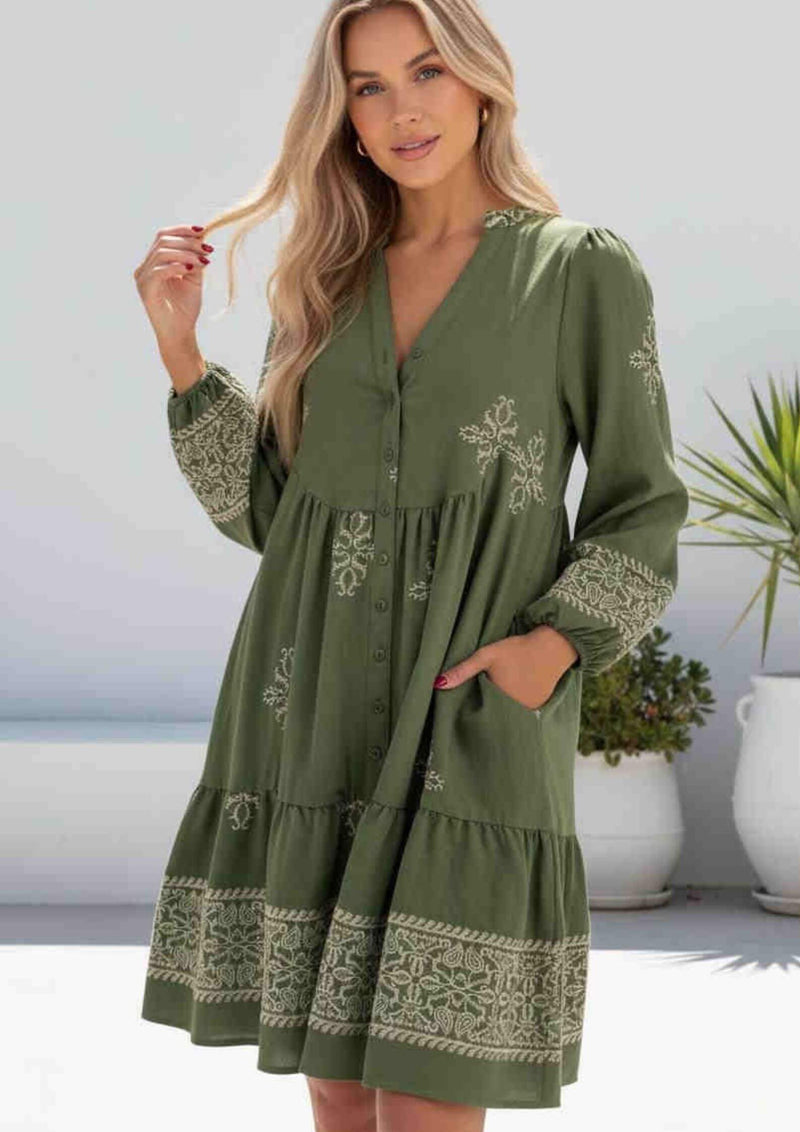 Andie Long Sleeve Smock Dress in Olive  Frangipani Living