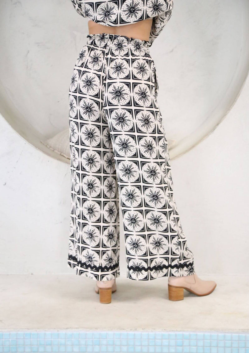 Apollo Wide Leg Pants with Ric Rac Trim in Black and Biege