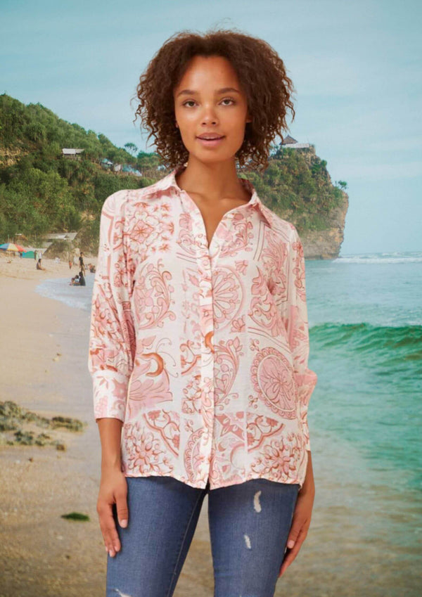 Avery Long Sleeve Blouse Top in Blush and White Print