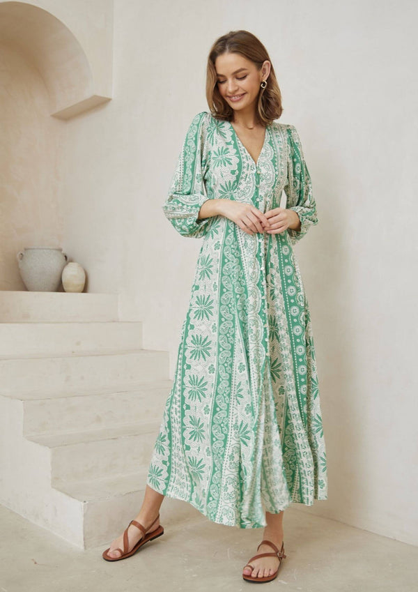 Avery Long Sleeve Maxi Dress in Sage Print