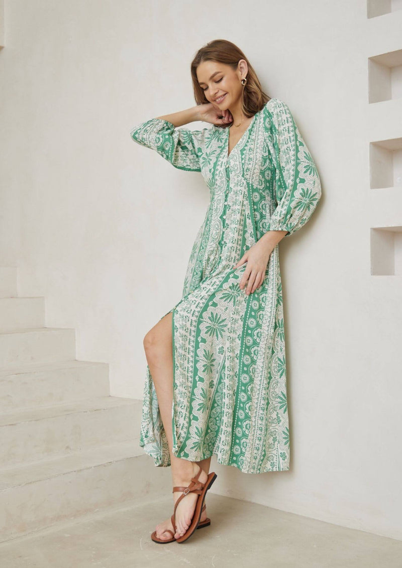 Avery Long Sleeve Maxi Dress in Sage Print