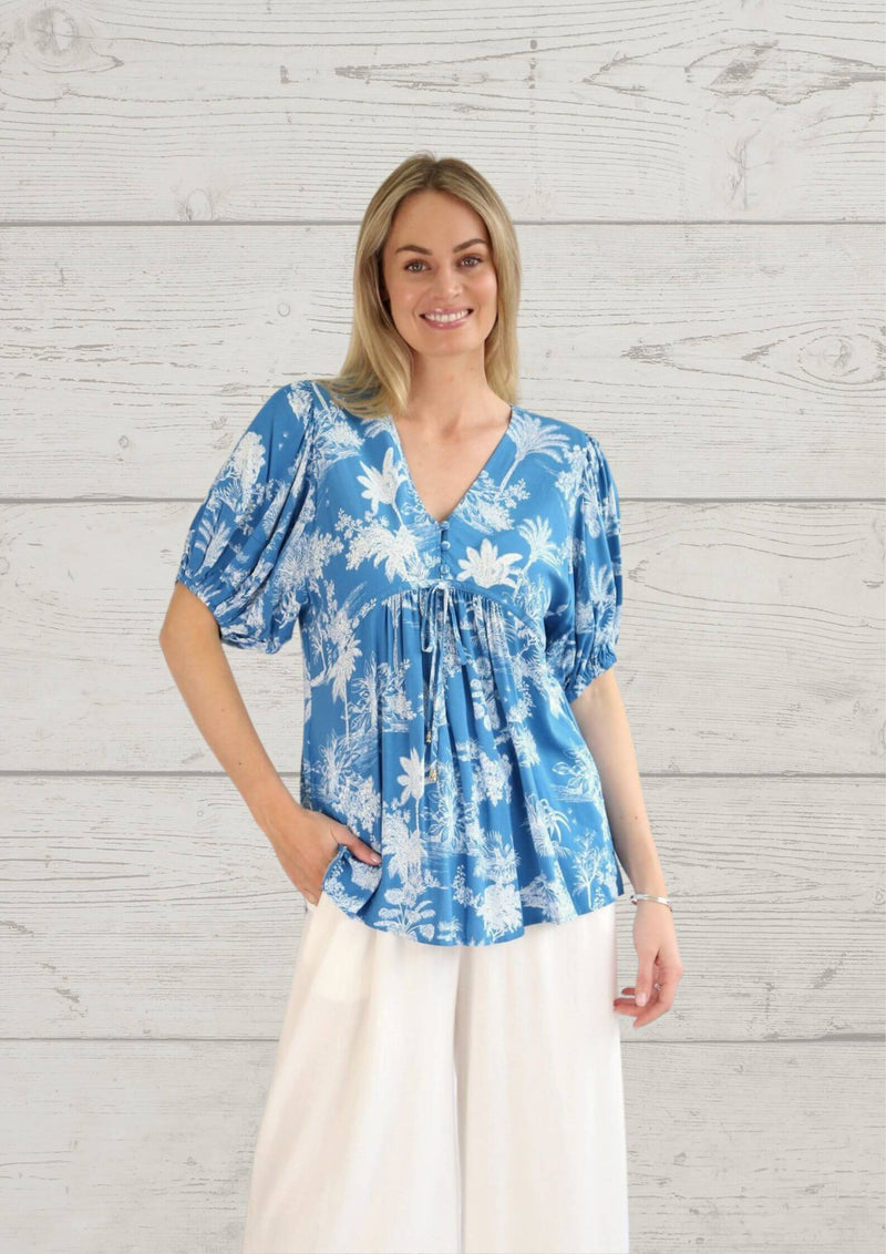 Belinda Boho Short Sleeve Blouse in Blue