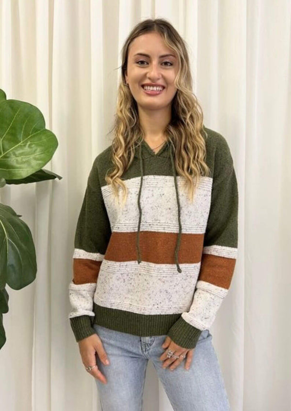 Block Colour Knit Hoodie Jumper in Green Fawn