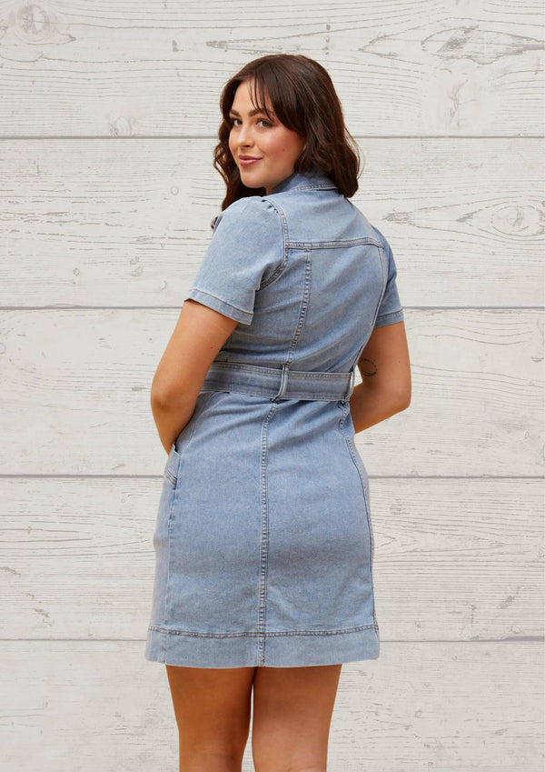 Button Front Stretch Denim Dress with Short Sleeves