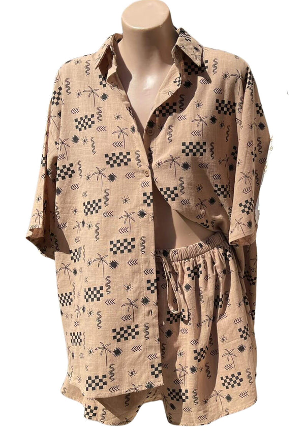 By Frankie Snakes and Checkers Top and Shirt Set in Tan