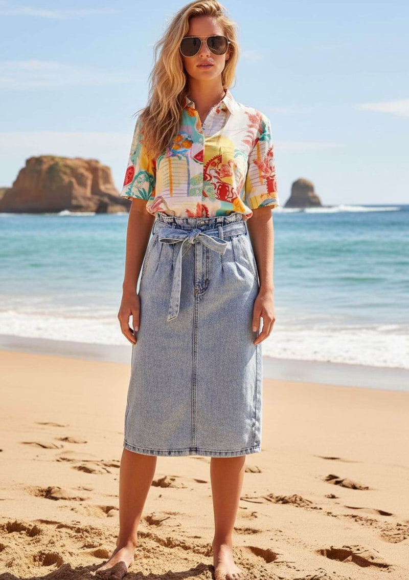 Calypso Shirt Top in White Print