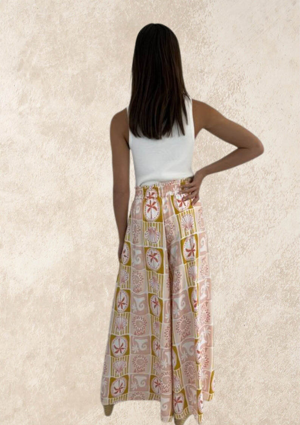 Canary Wide Leg Pants in Peach Block Print