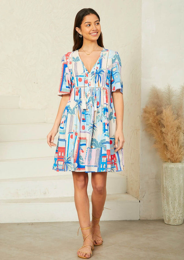 Capri Short Sleeve Smock Dress in Mediterranean Print