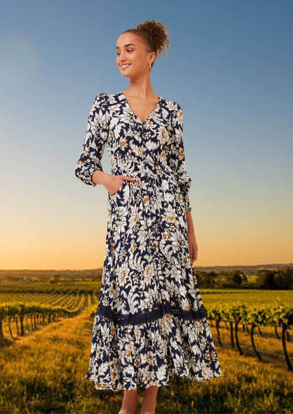Carrie Long Sleeve Boho Maxi Dress in Navy Floral Print