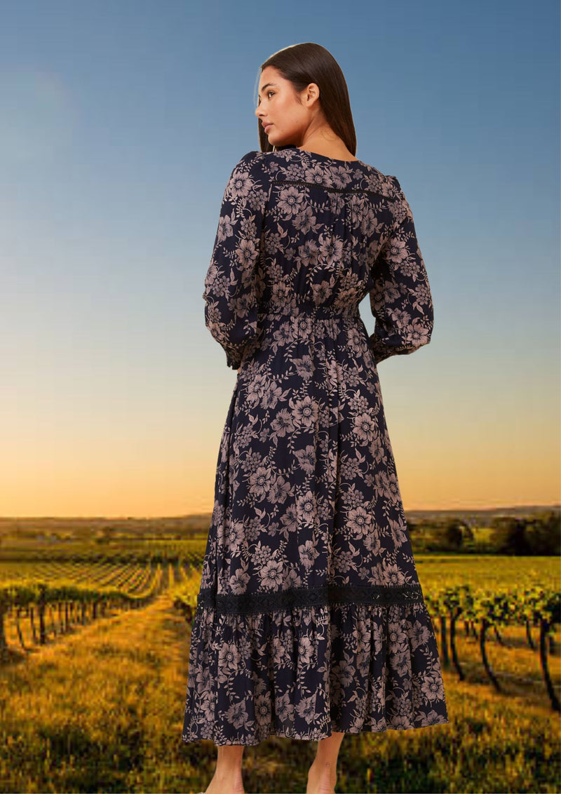 Carrie Long Sleeve Maxi Dress in Navy Print