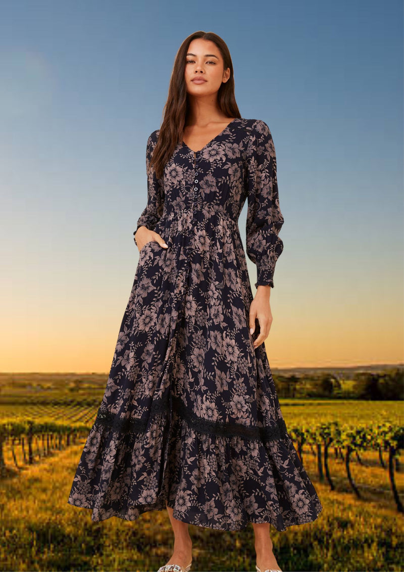 Carrie Long Sleeve Maxi Dress in Navy Print