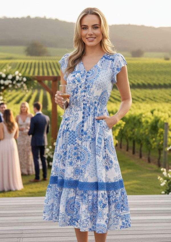 Carrie Short Sleeve Boho Midi Dress in Blues