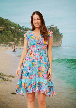 Carrie Short Sleeve Boho Knee Length Dress in Blues and Pinks