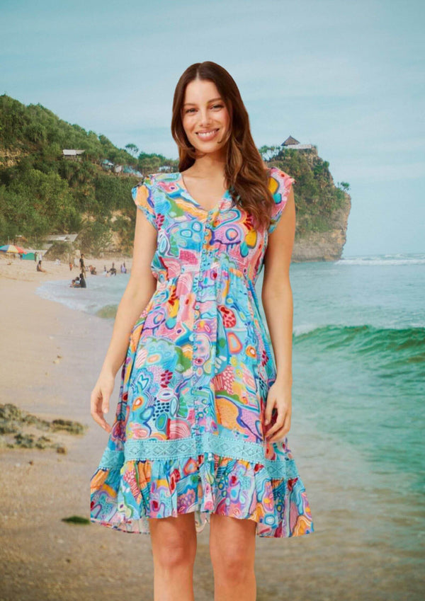 Carrie Short Sleeve Boho Knee Length Dress in Blues and Pinks