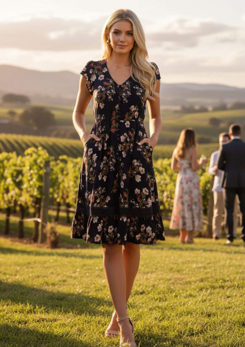 Carrie Short Sleeve Boho Knee Length Dress in Navy