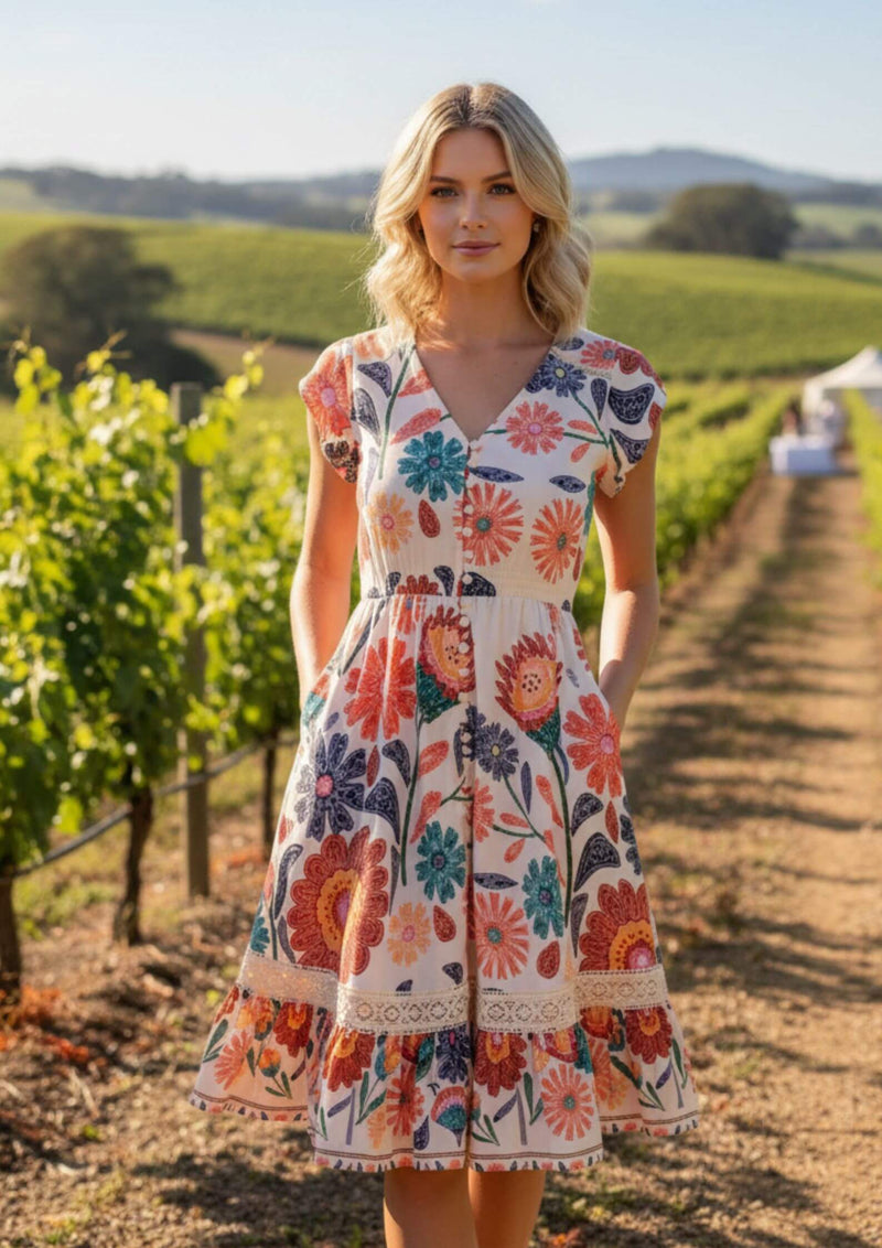 Carrie Short Sleeve Boho Knee Length Dress in Peach