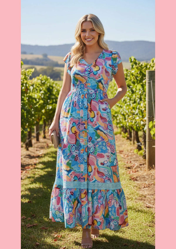 Carrie Short Sleeve Boho Maxi Dress in Blues and Pinks