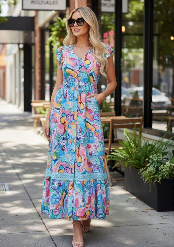 Carrie Short Sleeve Boho Maxi Dress in Blues and Pinks